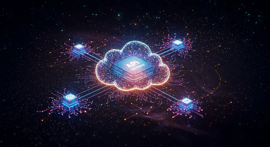Abstract representation of an API Gateway interacting with multiple microservices in a cloud environment, futuristic, secure, efficient