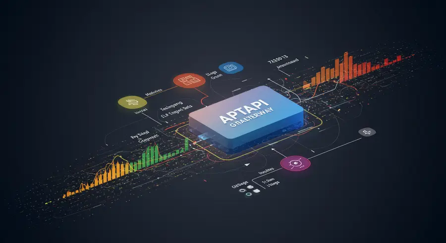 Abstract visualization of data flow and monitoring through an API Gateway, with elements representing metrics, logs, and tracing.